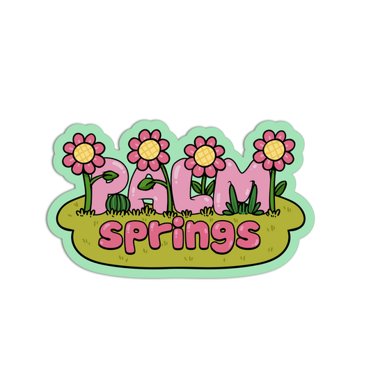Sticker with 'Palm Springs' text and flowers on a white background