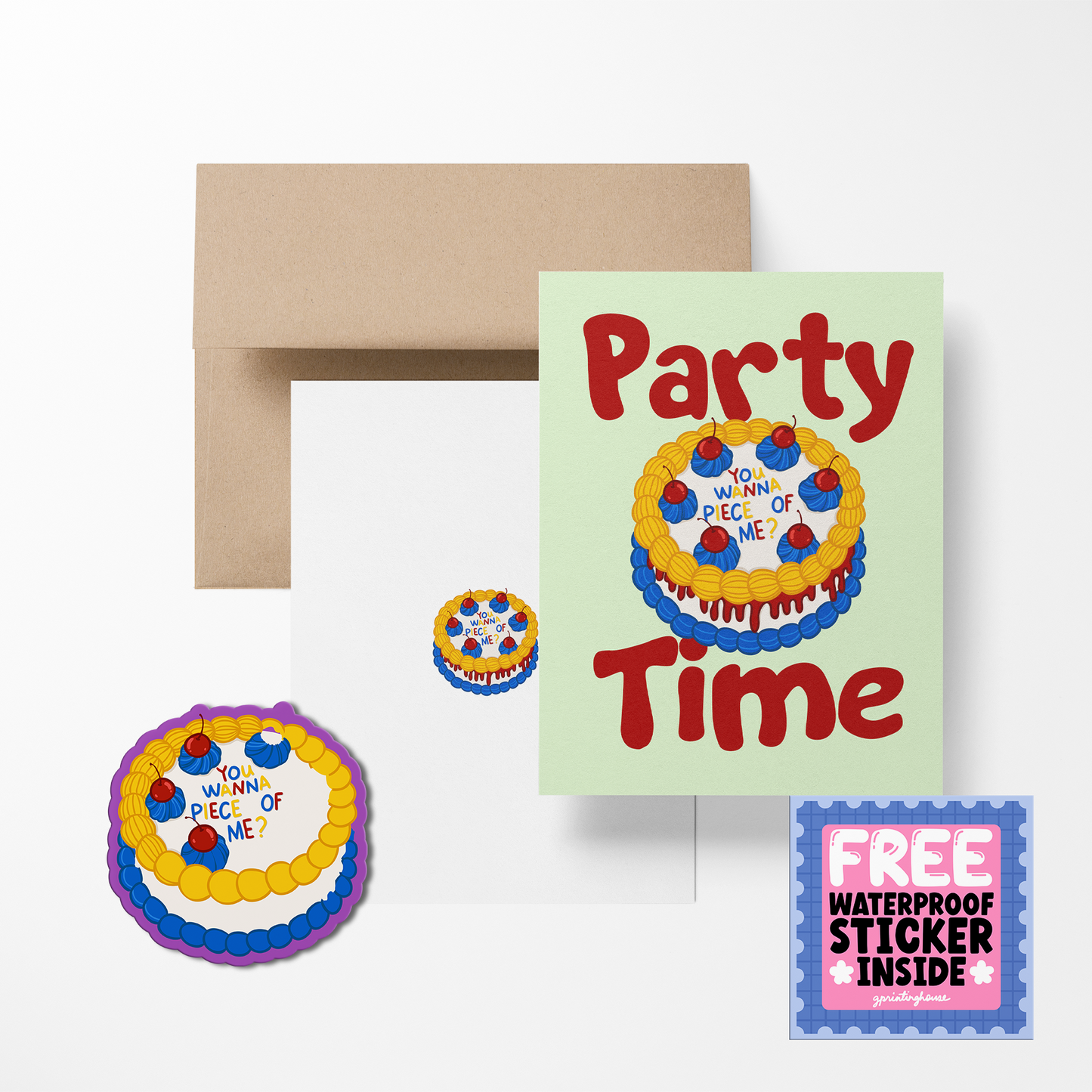 Greeting card with cake illustration and envelope on a white background
