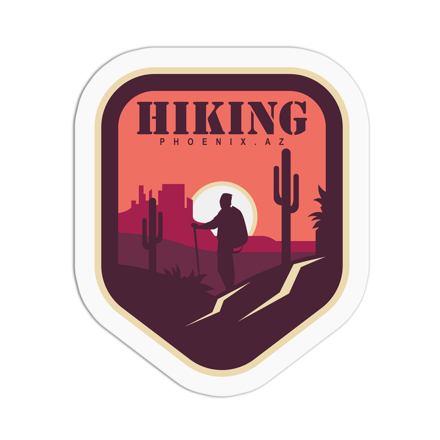 Sticker with a hiking design featuring a silhouette of a person, cacti, and a sunset over Phoenix, AZ.