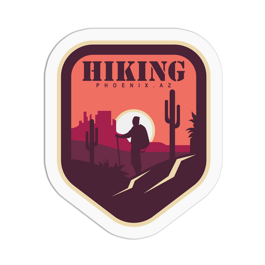 Sticker with a hiking design featuring a silhouette of a person, cacti, and a sunset over Phoenix, AZ.
