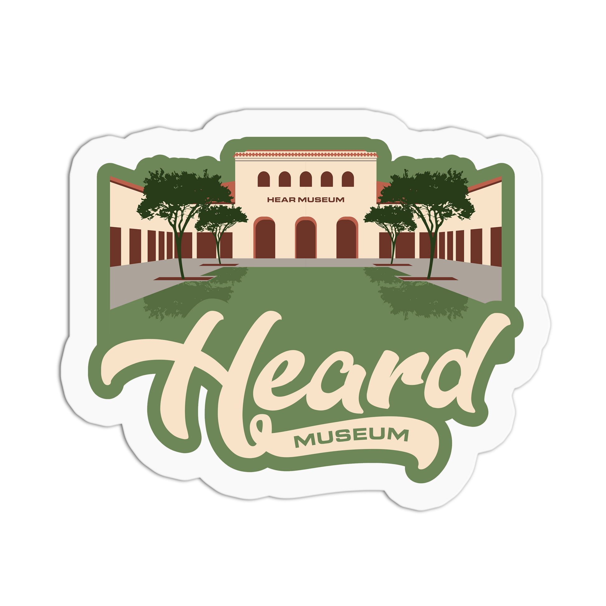 Sticker of the Heard Museum with a building and trees on a green background
