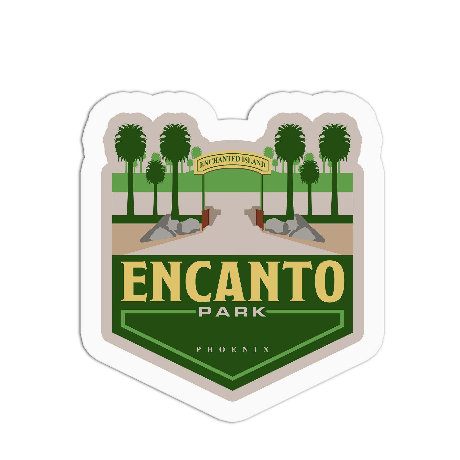 Sticker of Encanto Park with palm trees and a path on a white background