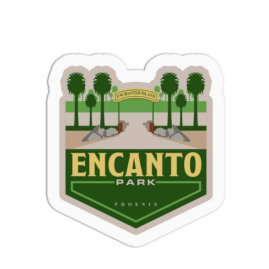 Sticker of Encanto Park with palm trees and a path on a white background