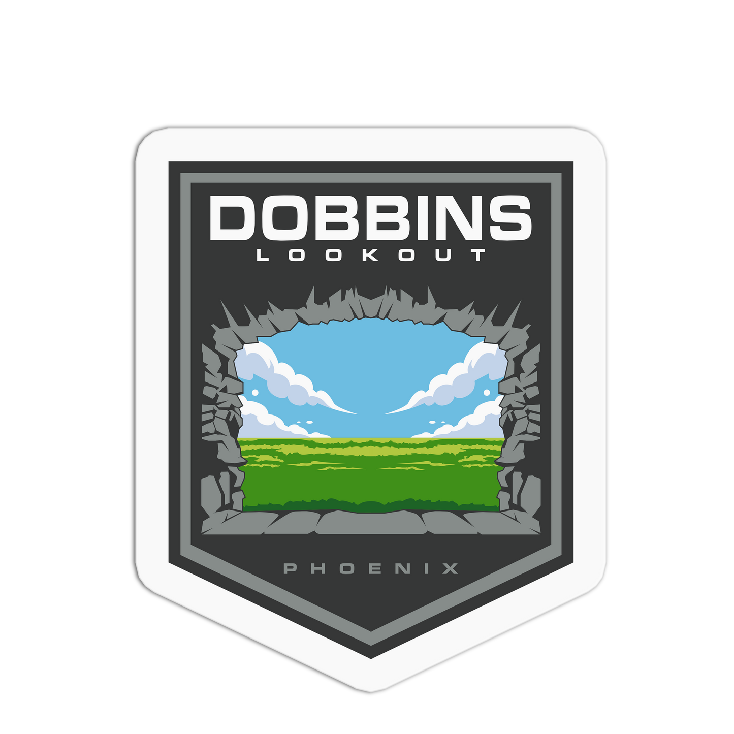 Sticker with 'Dobbins Lookout Phoenix' design featuring a scenic view through a hole.