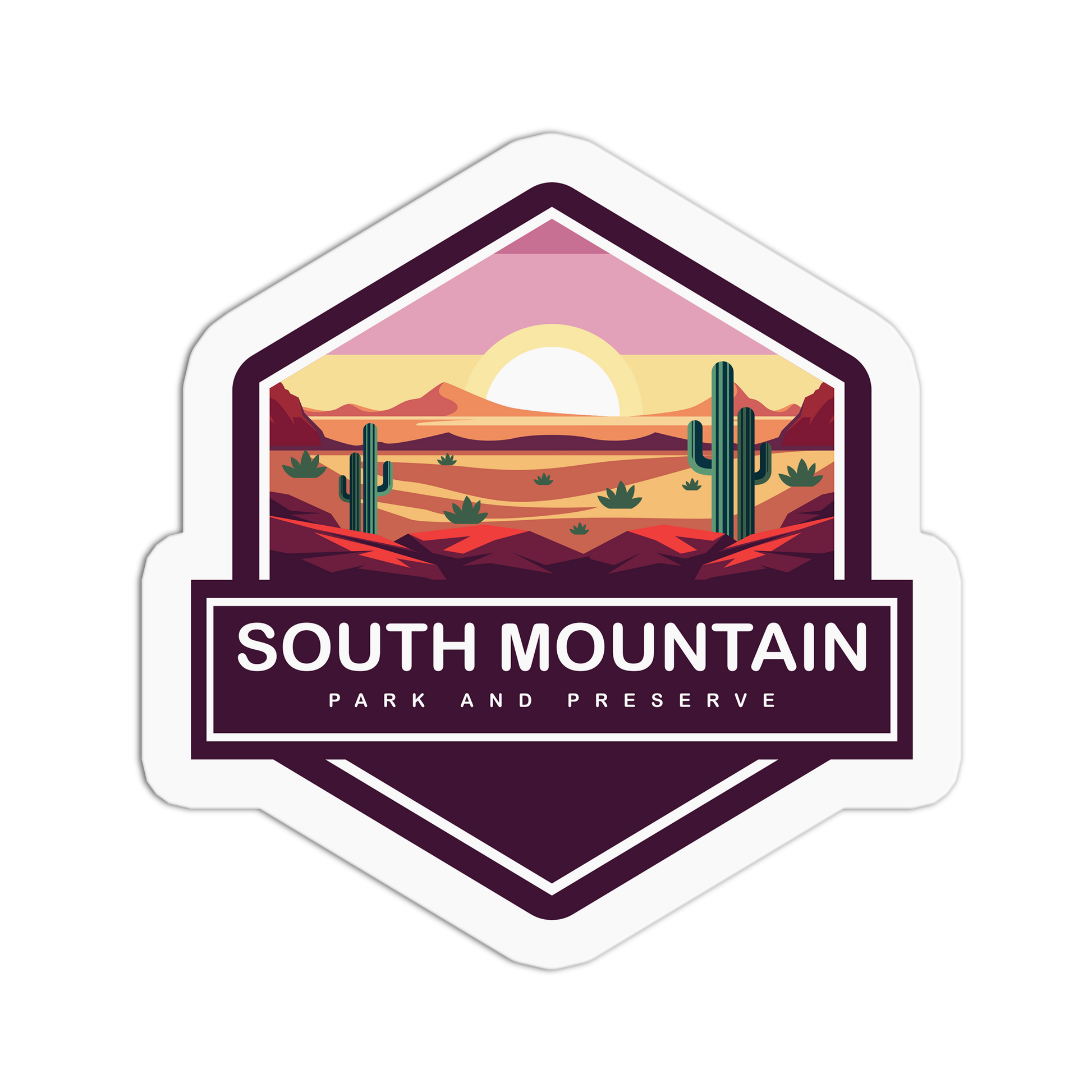 Hexagonal sticker with desert landscape and 'South Mountain Park and Preserve' text on a white background