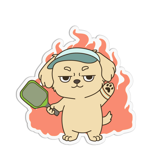 Cartoon dog with a paddle and flames on a white background