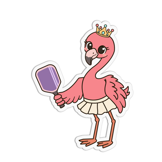Cartoon flamingo with a crown and paddle on a transparent background