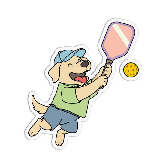 Cartoon dog playing paddle ball with a paddle and ball on a white background