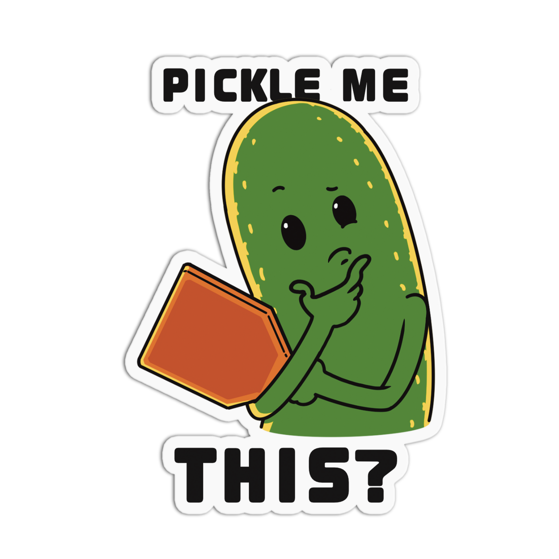 Cartoon pickle holding a book with text 'Pickle me this?' on a transparent background
