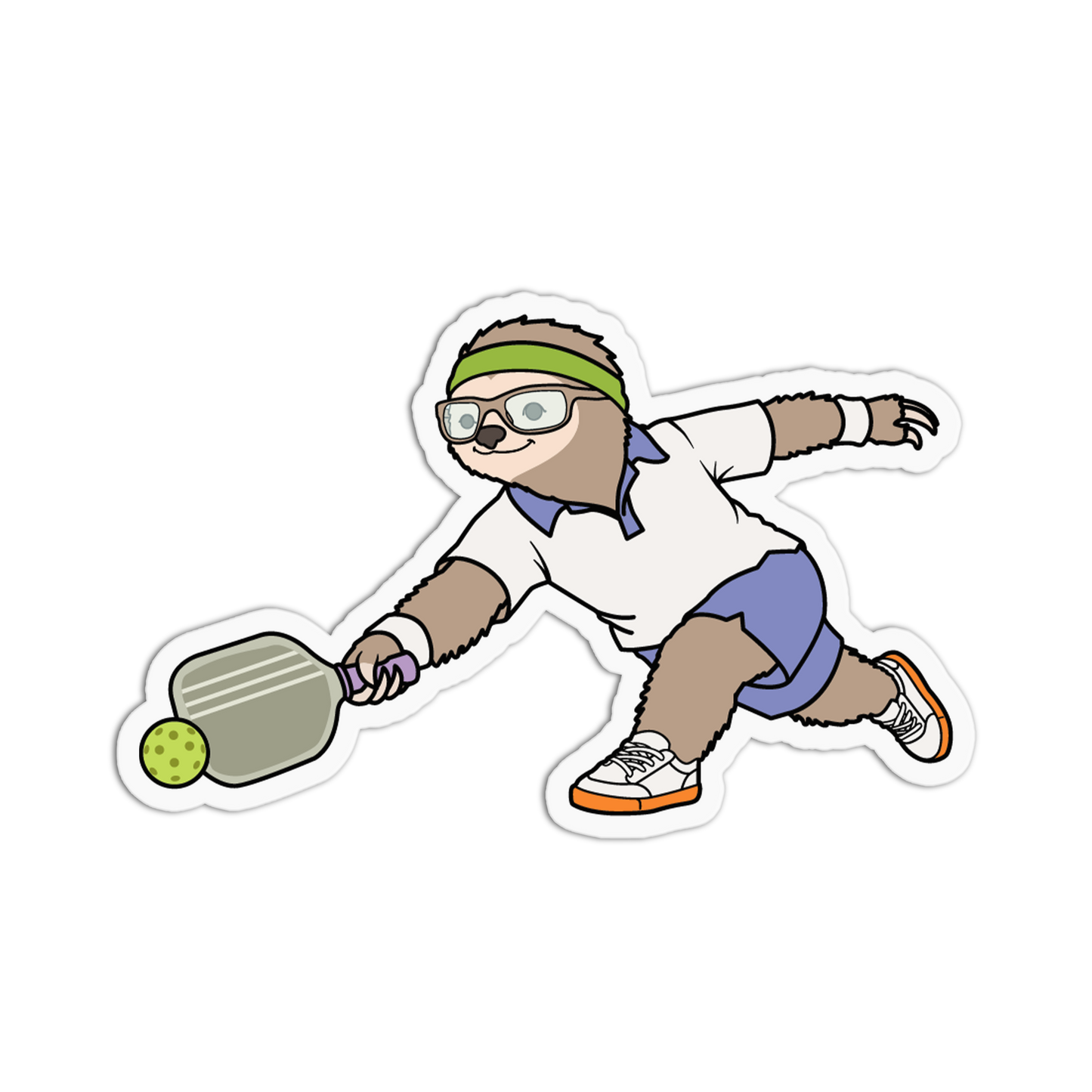 Cartoon sloth playing pickleball on a white background