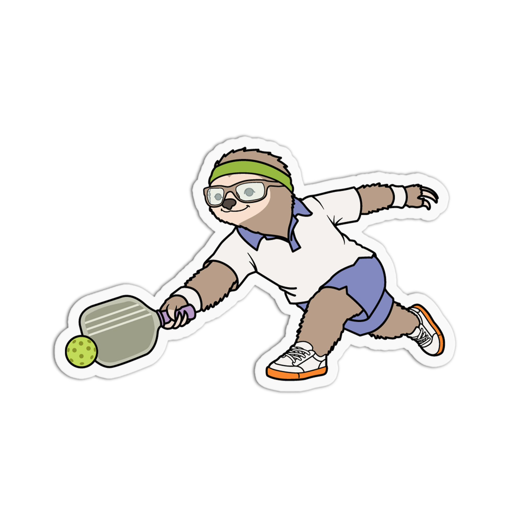 Cartoon sloth playing pickleball on a white background