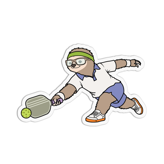 Cartoon sloth playing pickleball on a white background