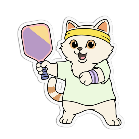 Cartoon cat character holding a paddle on a white background