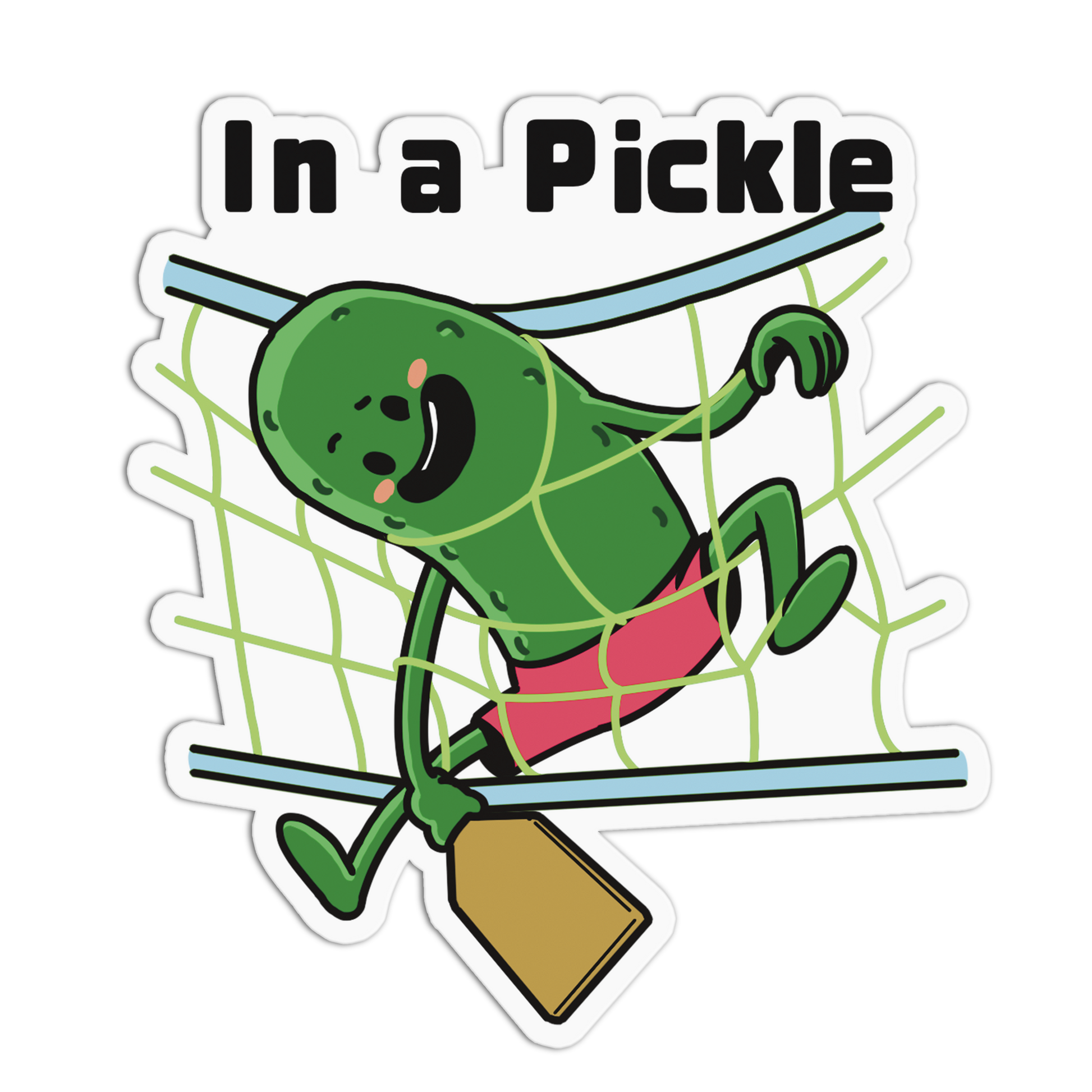 Cartoon pickle character hanging from a rope with 'In a Pickle' text above.