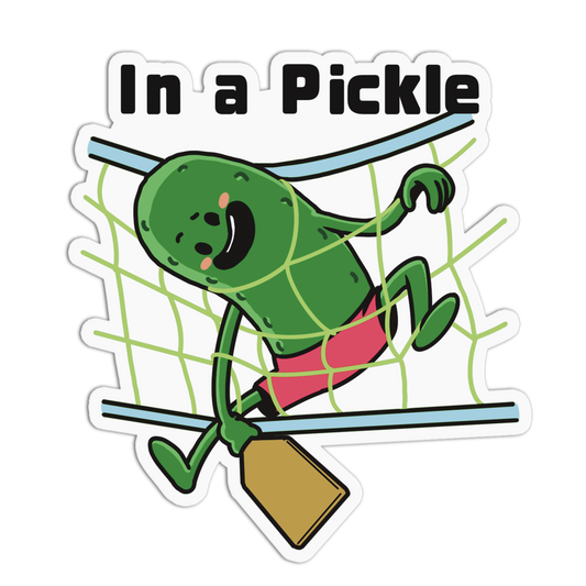 Cartoon pickle character hanging from a rope with 'In a Pickle' text above.