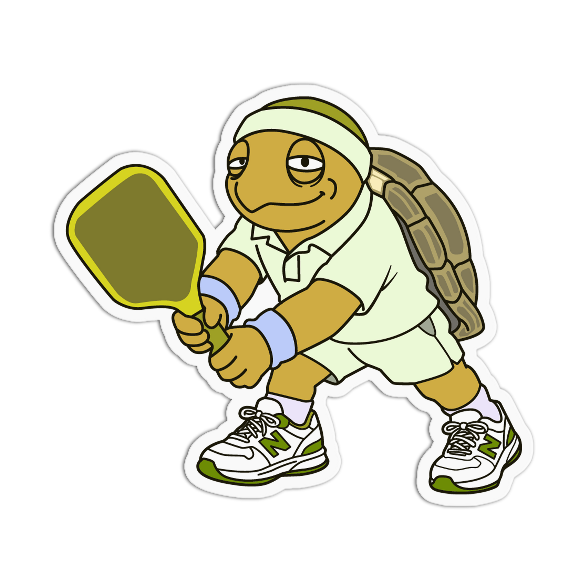 Cartoon turtle playing pickleball with a paddle on a white background