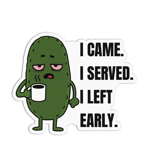 Cartoon pickle holding a cup with humorous text on a transparent background