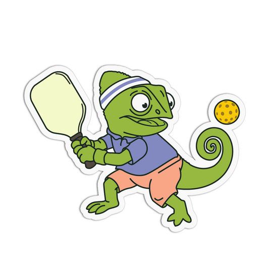 Cartoon lizard playing paddle ball on a white background