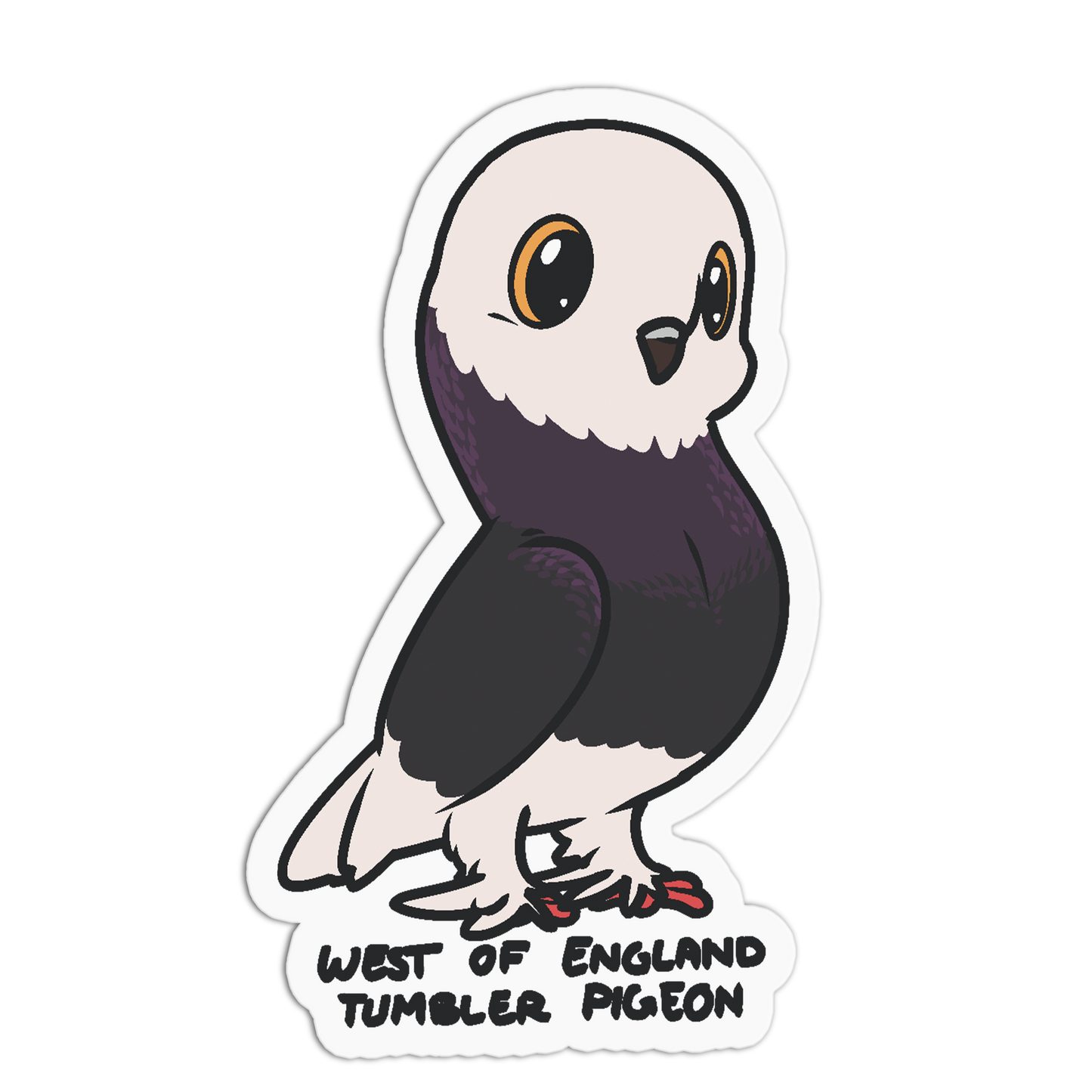 A die-cut sticker featuring a cartoon pigeon with a white head and neck, dark charcoal body, orange eyes, and red feet, with the text 'WEST OF ENGLAND TUMBLER PIGEON' below it, shown on a plain white background.