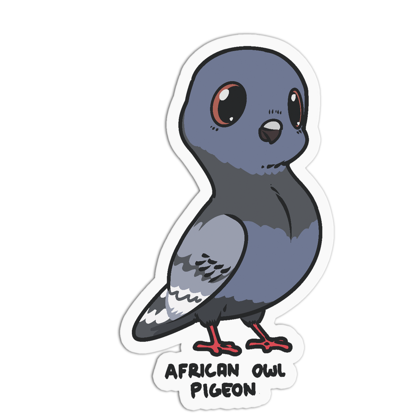A die-cut sticker featuring a cute cartoon illustration of an African owl pigeon in shades of gray and blue-gray, with red feet and the text 'AFRICAN OWL PIGEON' printed below.