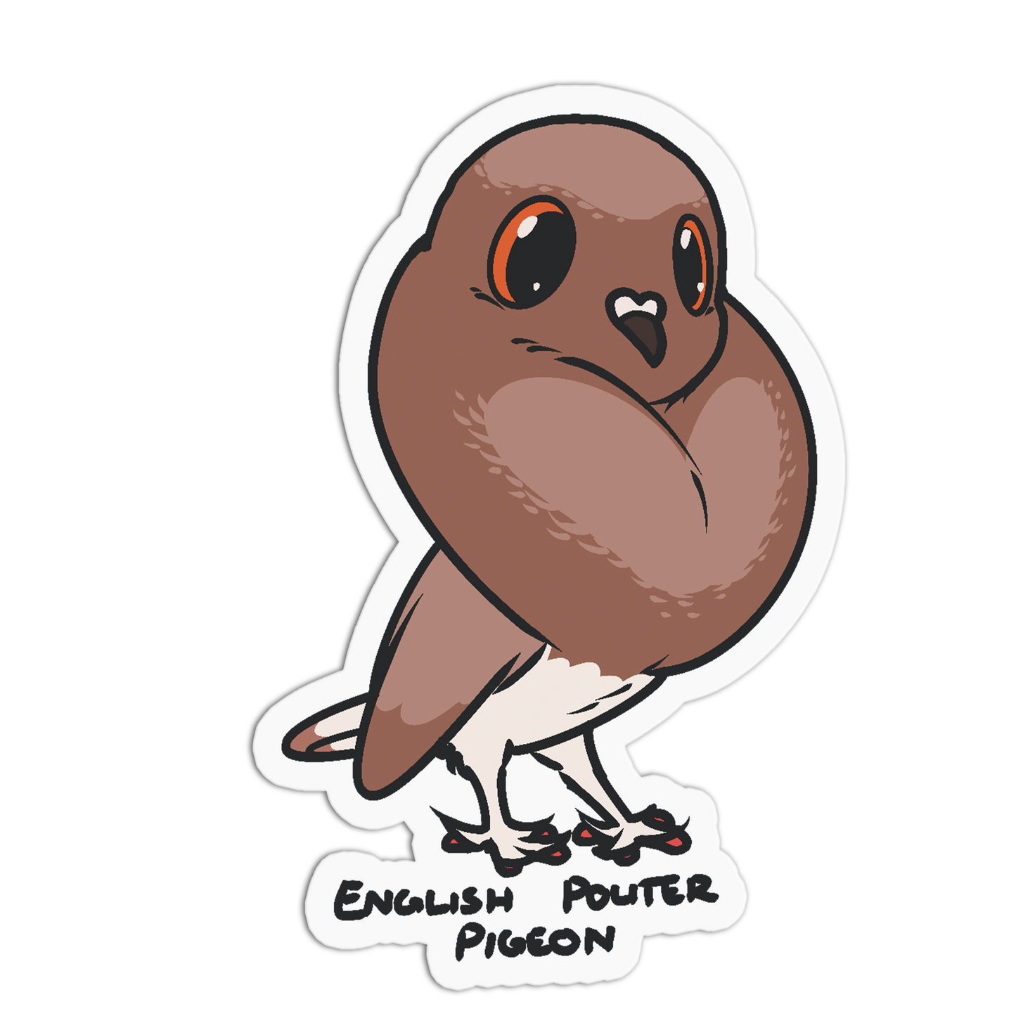 A die-cut sticker featuring a cartoon illustration of an English Pouter Pigeon with a wrinkled brown face, large orange eyes, and a white belly, with the text 'ENGLISH POUTER PIGEON' below it, shown on a plain white background.