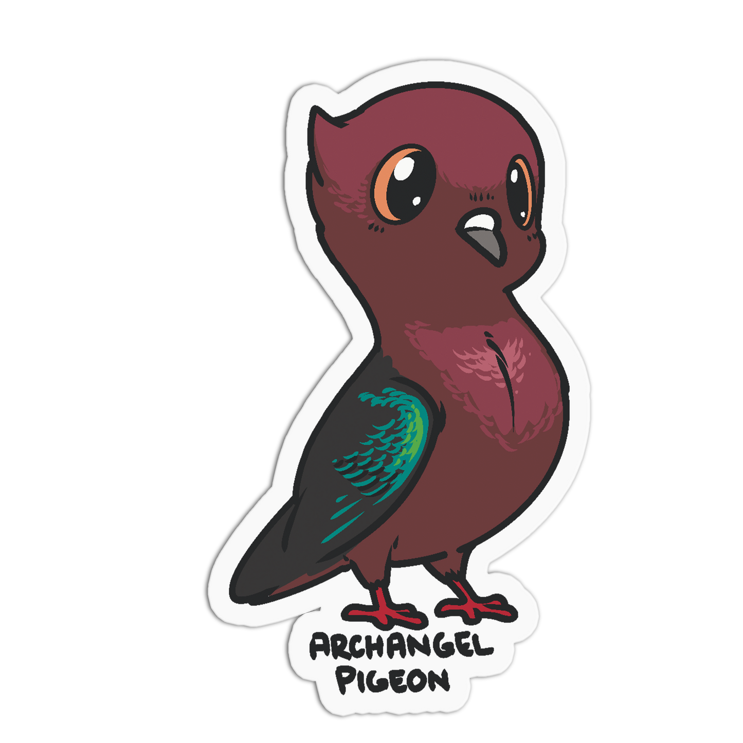 A die-cut sticker featuring a cartoon archangel pigeon in dark plum-brown with teal iridescent wing feathers, red feet, and the text 'ARCHANGEL PIGEON' below, shown on a plain white background.