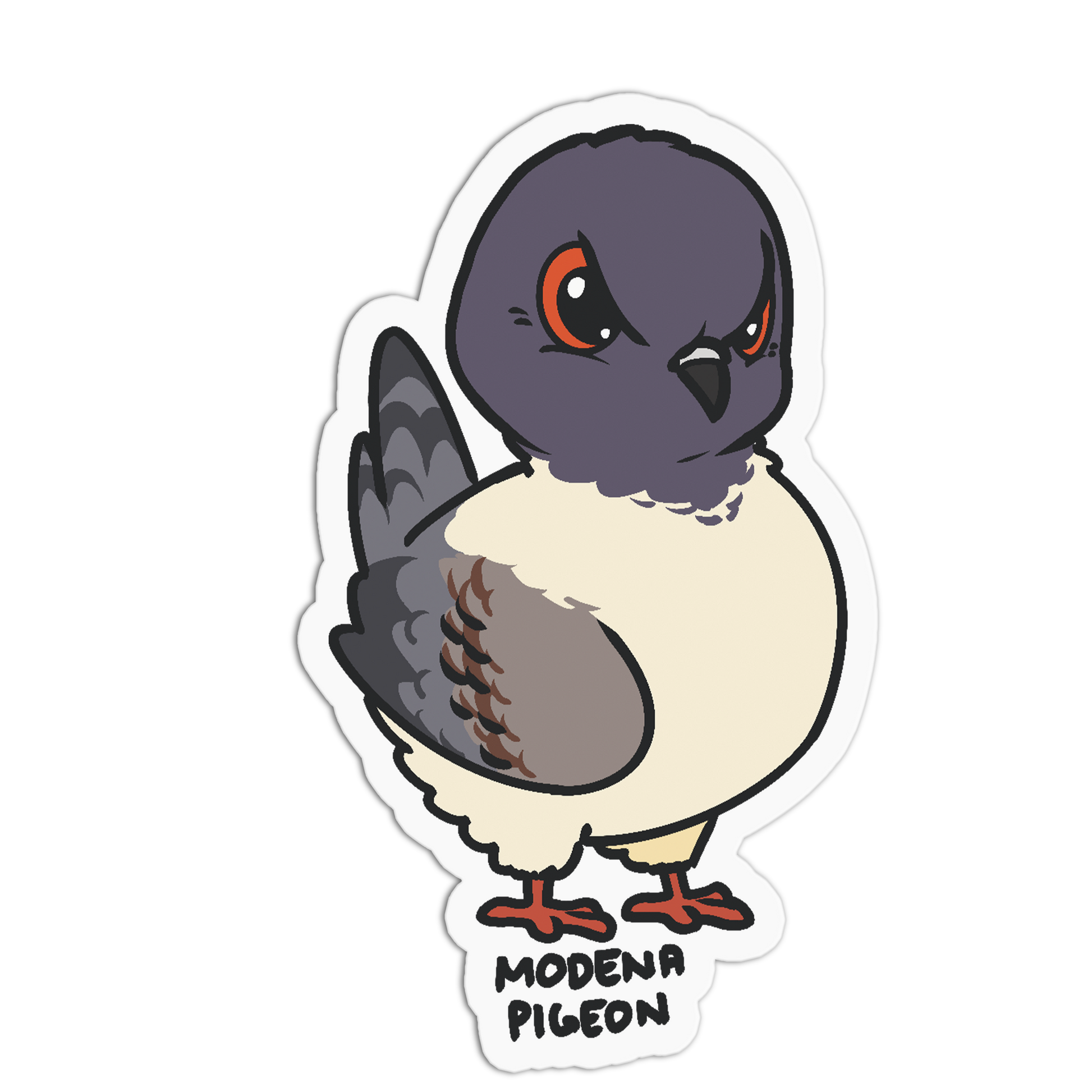 A die-cut sticker featuring a cartoon pigeon with a dark gray head and back, cream-colored body, and orange-red eyes and feet. The text 'MODENA PIGEON' is printed below the bird.
