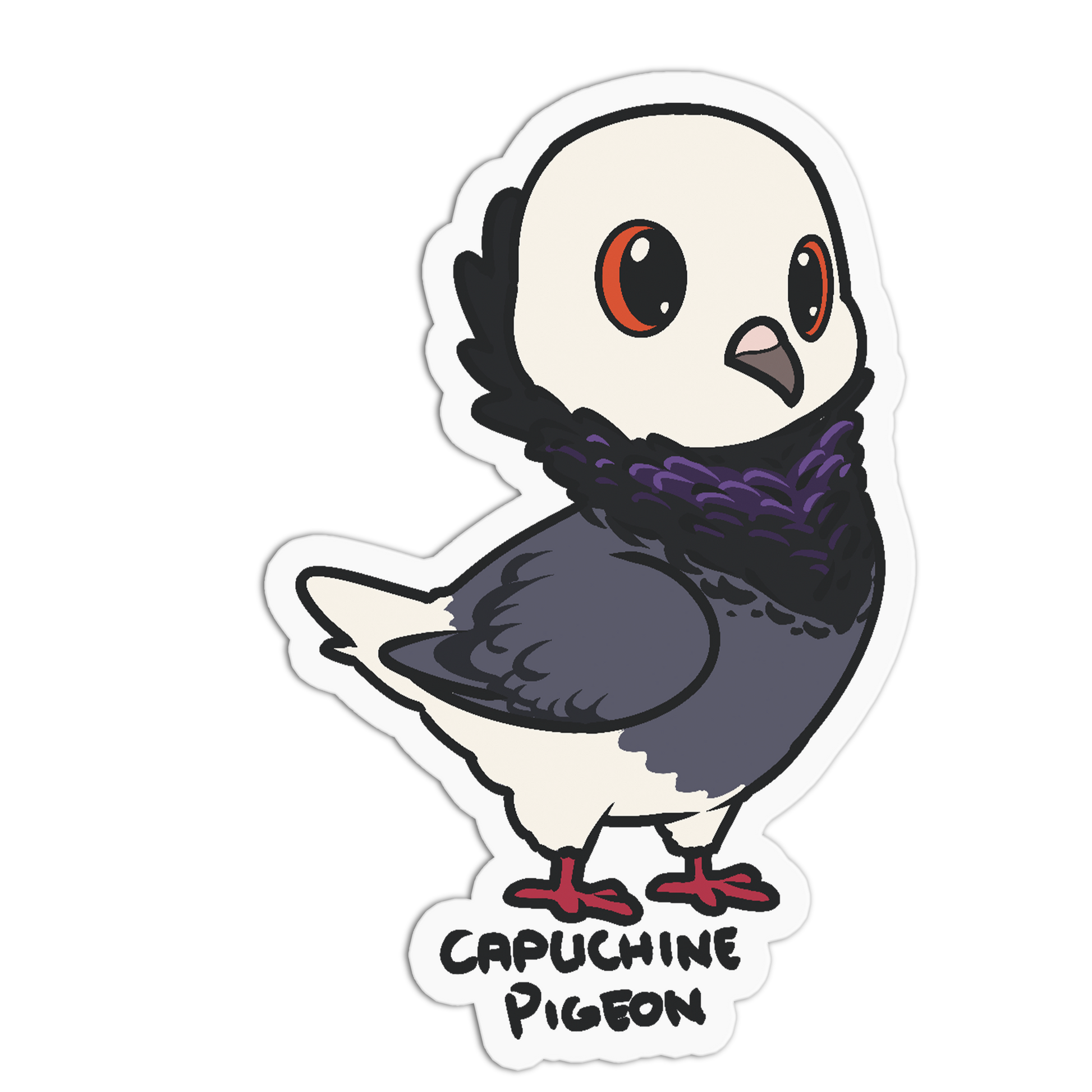 A die-cut sticker featuring a cartoon capuchin pigeon with a dark gray body, white head, purple scarf, red feet, and the text 'CAPUCHIN PIGEON' below, shown on a plain white background.