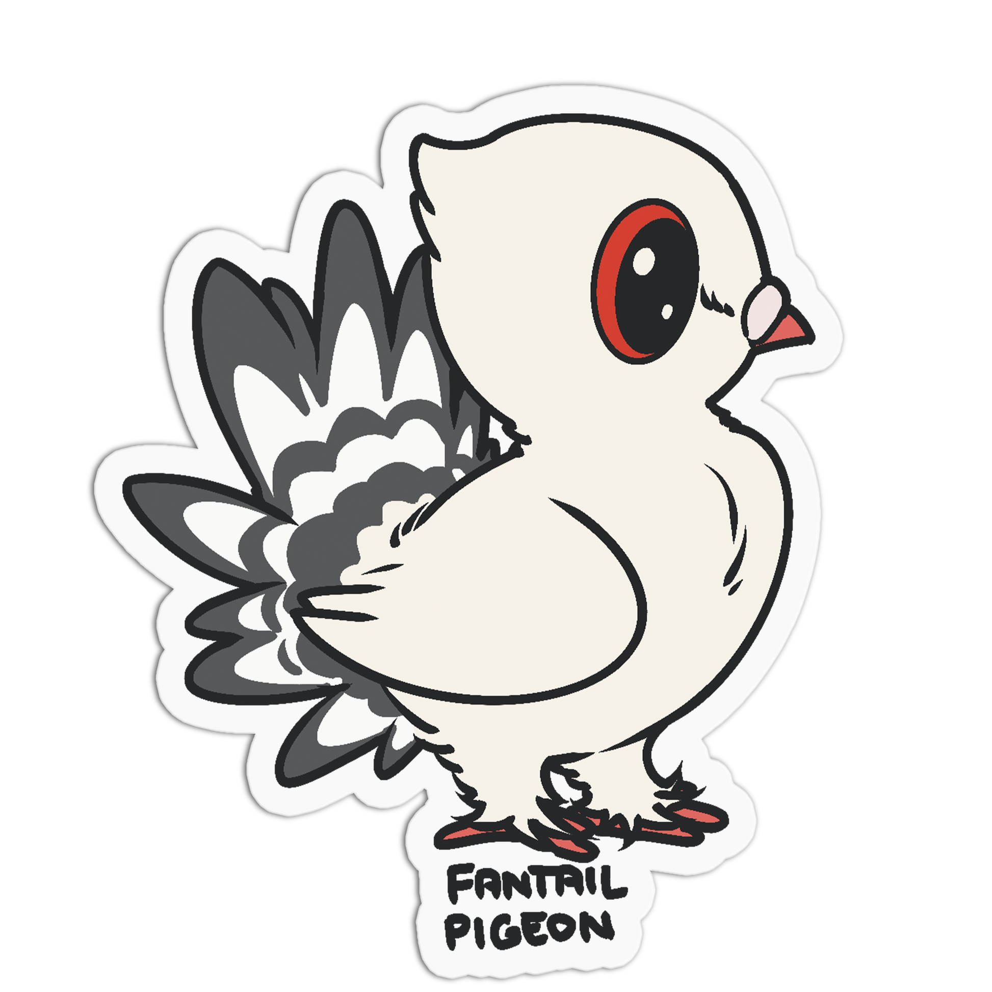 A die-cut sticker featuring a cartoon pigeon with a cream body, black and gray feather details, a red eye, and red feet, with the text 'FANTAIL PIGEON' below it, shown on a plain white background.