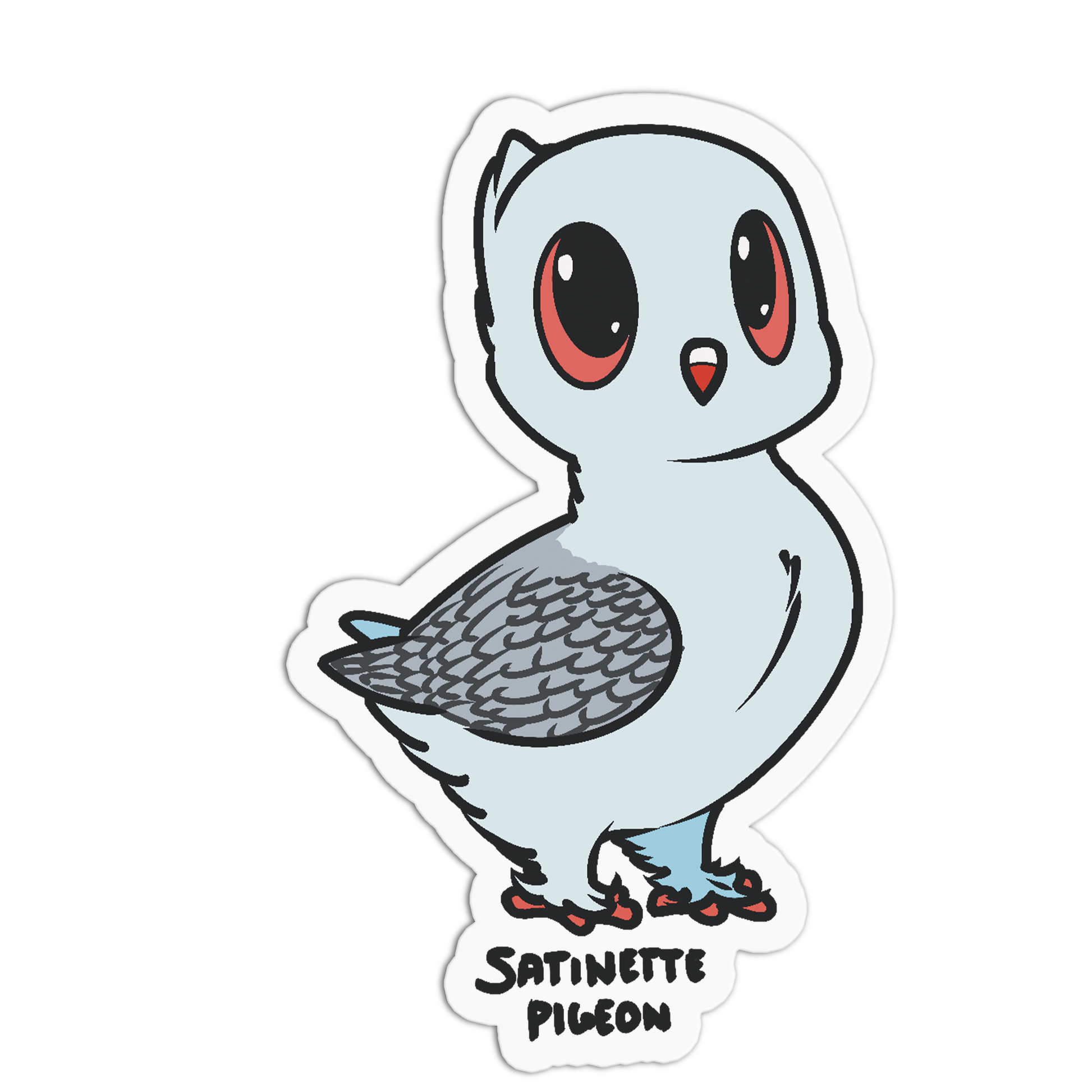 A die-cut sticker featuring a cute cartoon pigeon named 'SATINETTE PIGEON' in black text below it. The pigeon is light blue-gray with gray wings, large red eyes, and red feet, shown on a plain white background.