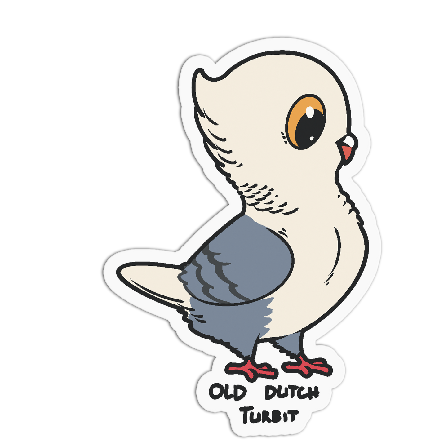 A die-cut sticker featuring a cartoon illustration of a white and gray pigeon with red feet and a large orange eye, labeled 'OLD DUTCH TURBIT' below it, shown on a plain white background.