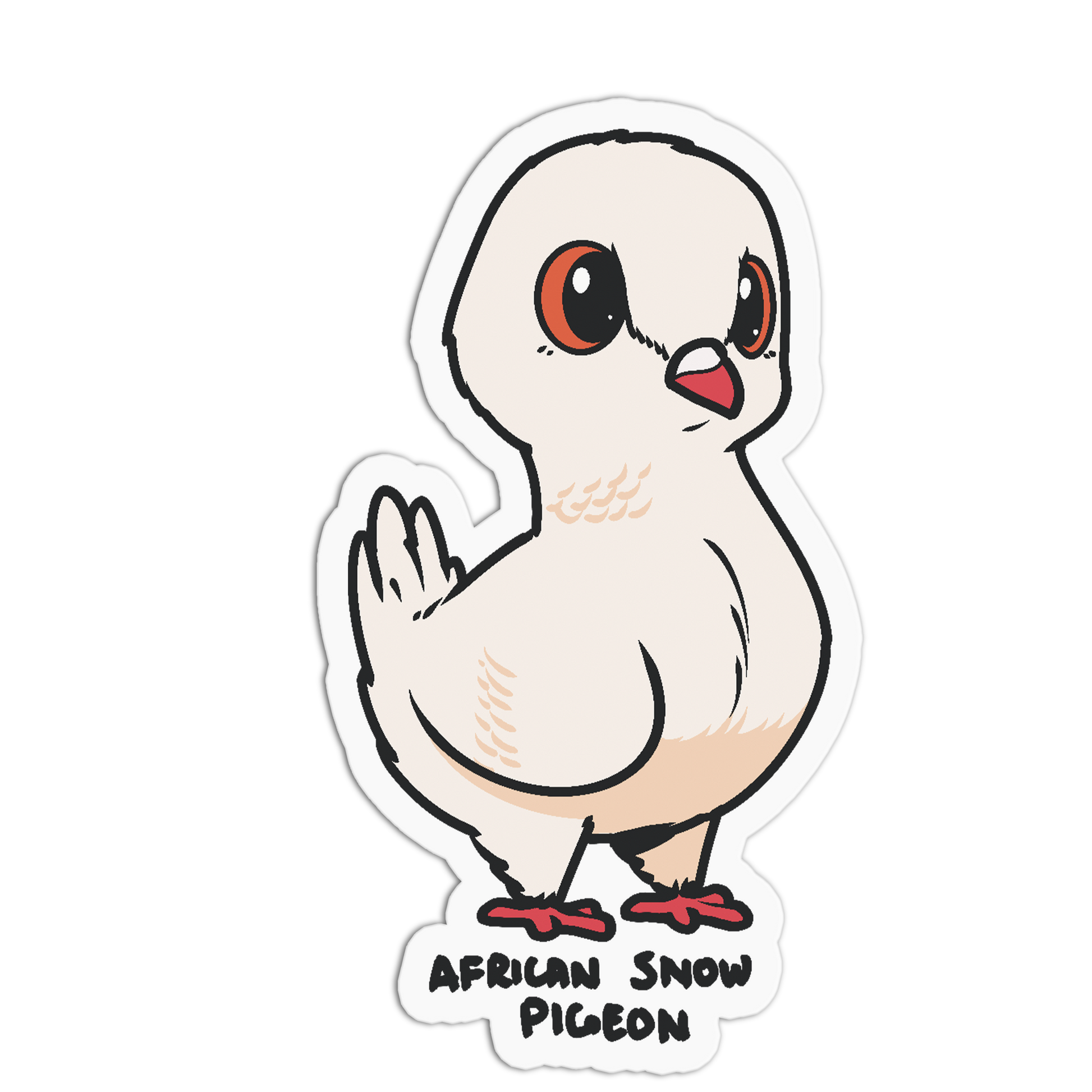 A die-cut sticker featuring a cute cartoon African Snow Pigeon with large orange eyes, a red beak, and red feet, with the text 'AFRICAN SNOW PIGEON' below it, shown on a plain white background.