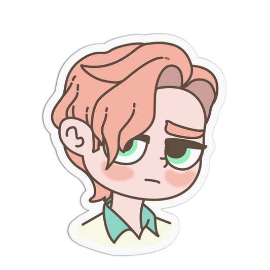 A die-cut cartoon sticker featuring a chibi-style character head with peach-pink hair, green eyes, and a sad expression, shown on a plain white background.
