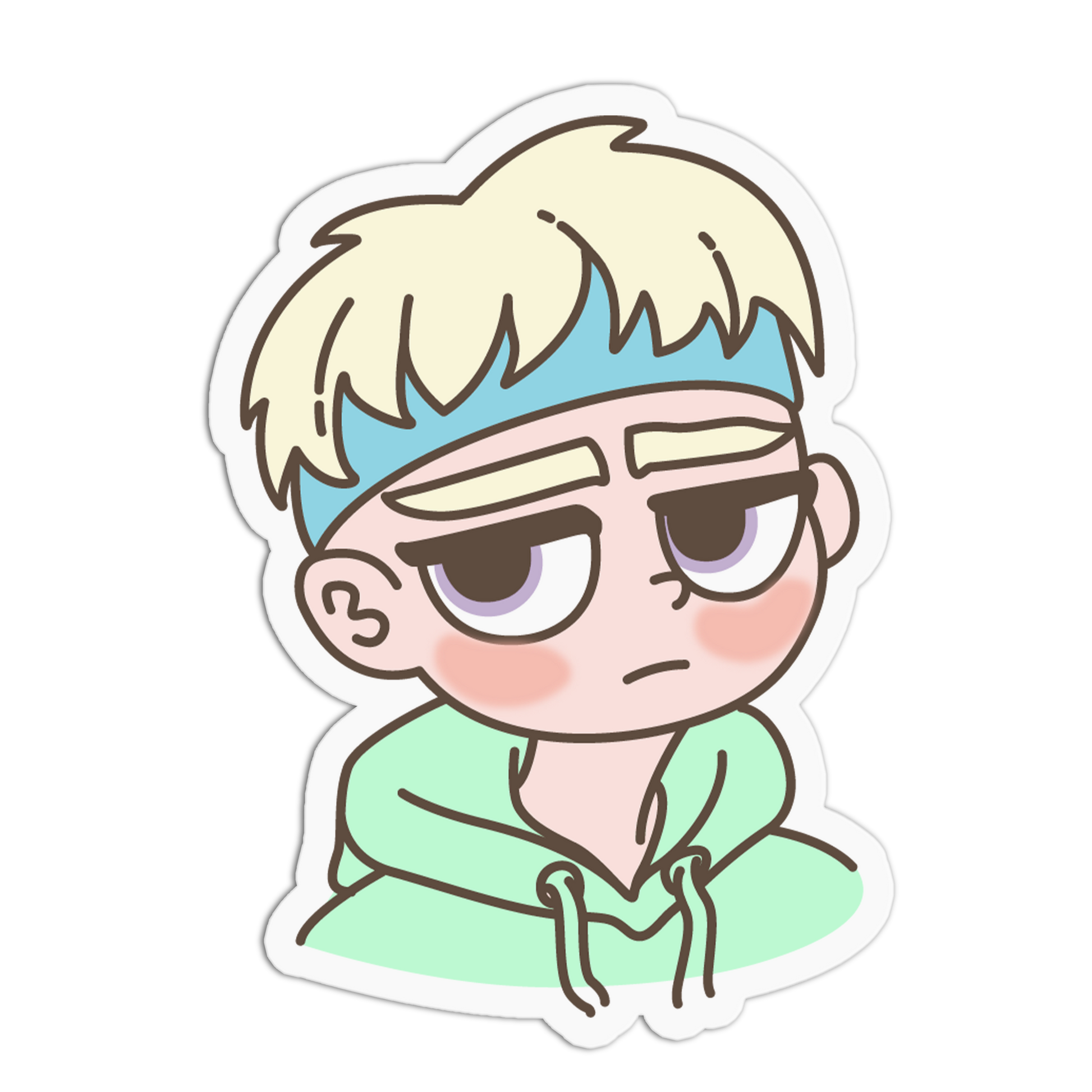 A cartoon-style die-cut sticker featuring a chibi character with blonde hair, a blue headband, and a light green hoodie, shown on a plain white background.