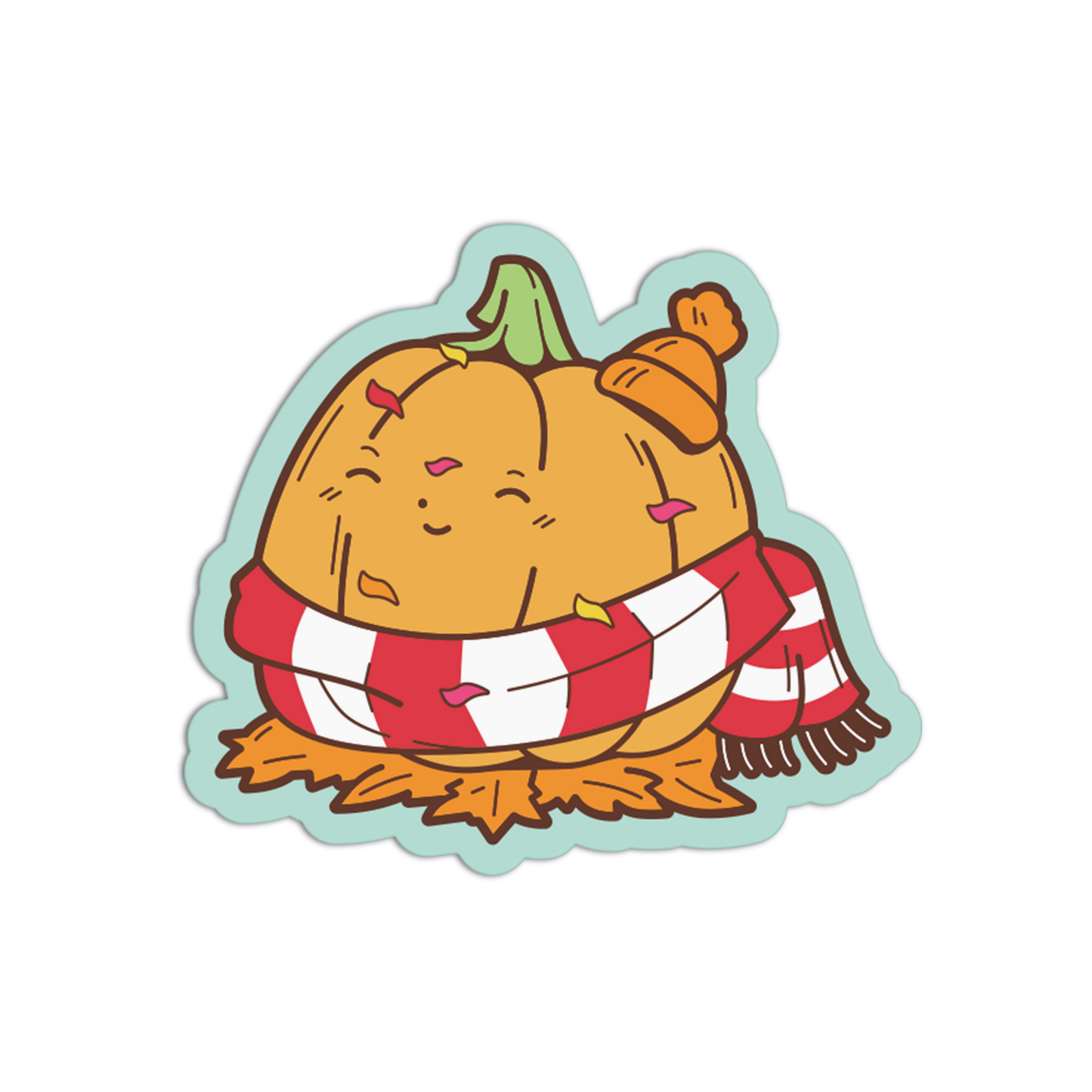 A cute cartoon pumpkin character sticker or decal, sitting in a red and white striped scarf with a small orange hat, on a plain white background.