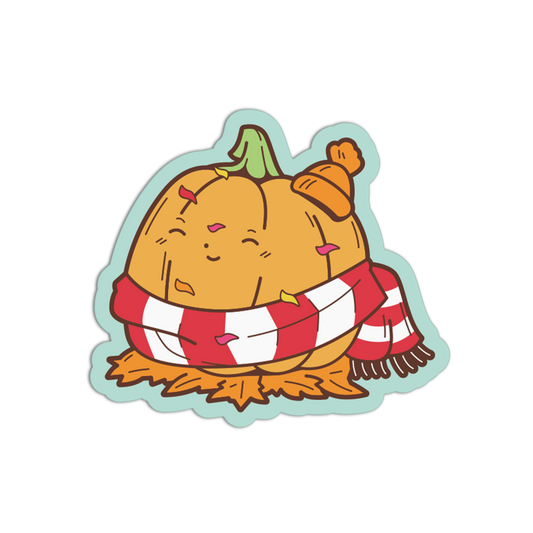 A cute cartoon pumpkin character sticker or decal, sitting in a red and white striped scarf with a small orange hat, on a plain white background.