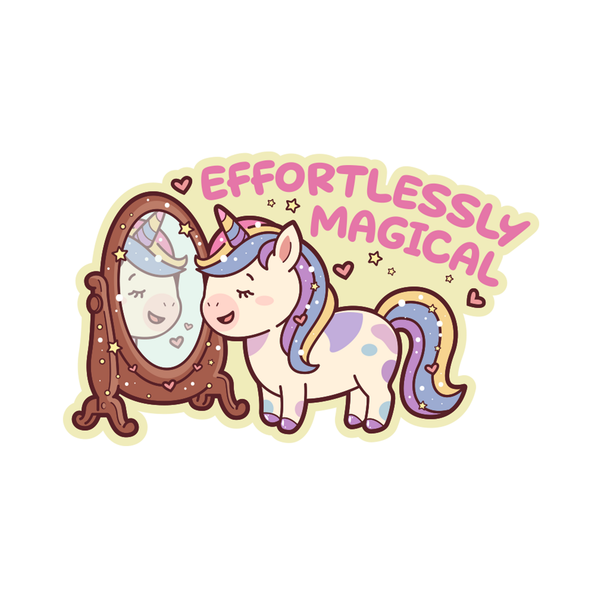 Cartoon unicorn looking into a mirror with 'Effortlessly Magical' text on a white background