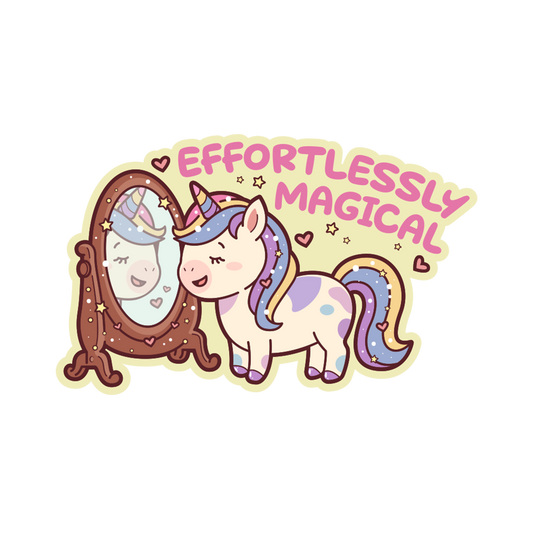 Cartoon unicorn looking into a mirror with 'Effortlessly Magical' text on a white background
