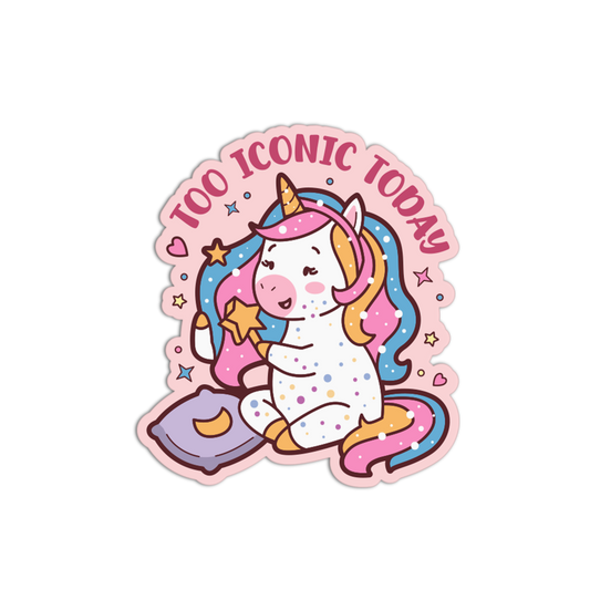 Sticker with a cartoon unicorn holding a star, surrounded by decorative elements on a white background.