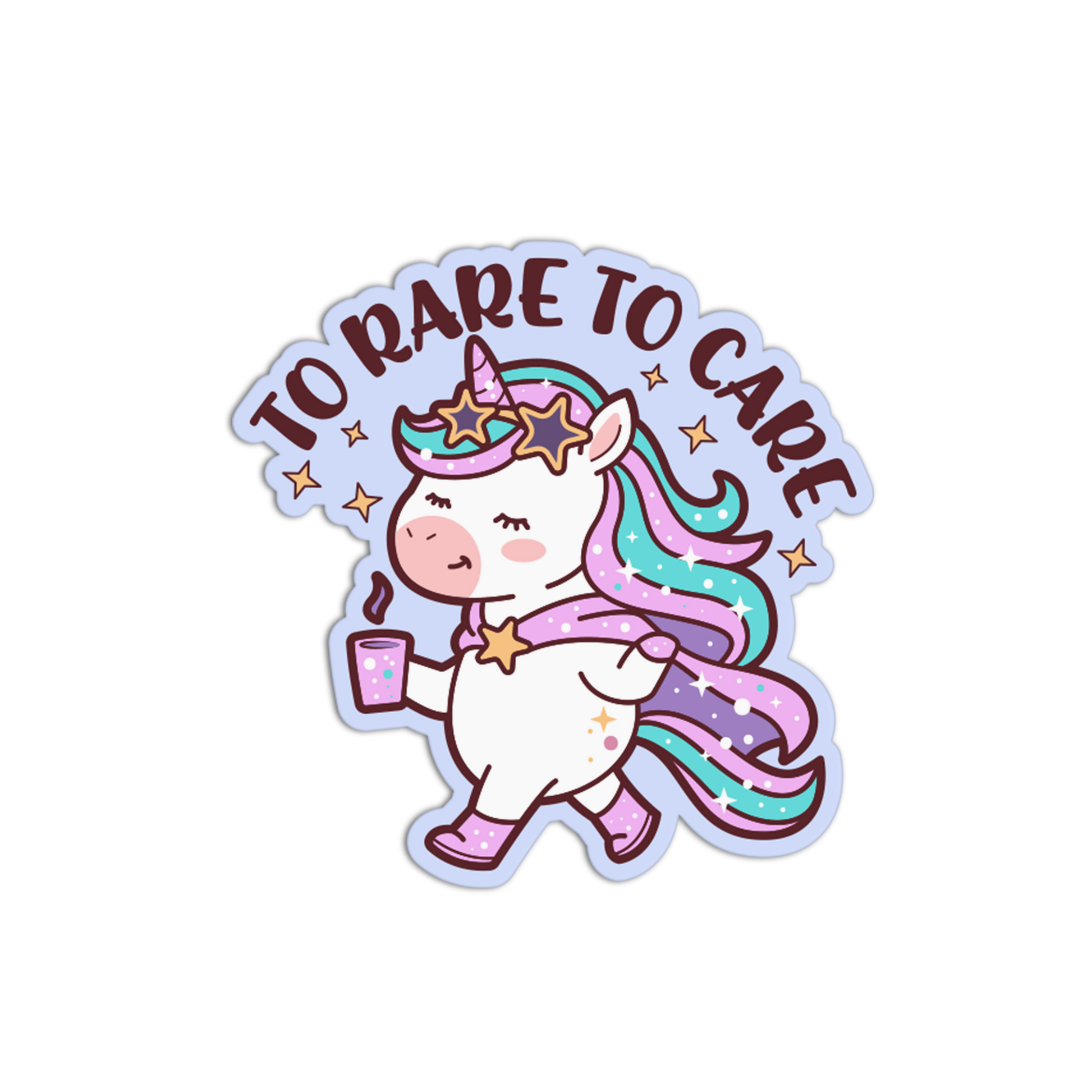 Sticker with a unicorn holding a coffee cup and 'To Rare to Care' text on a white background