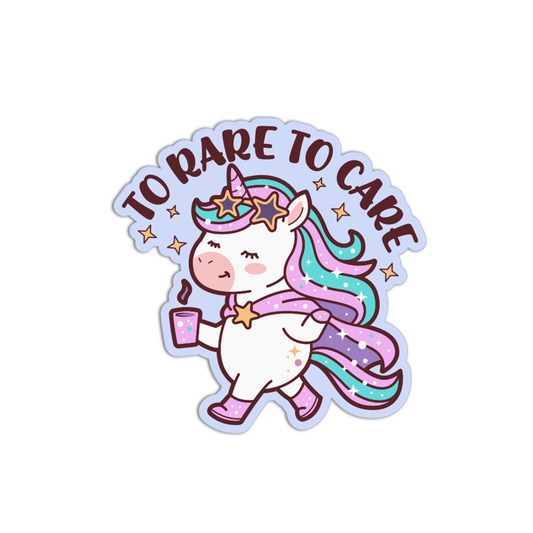 Sticker with a unicorn holding a coffee cup and 'To Rare to Care' text on a white background