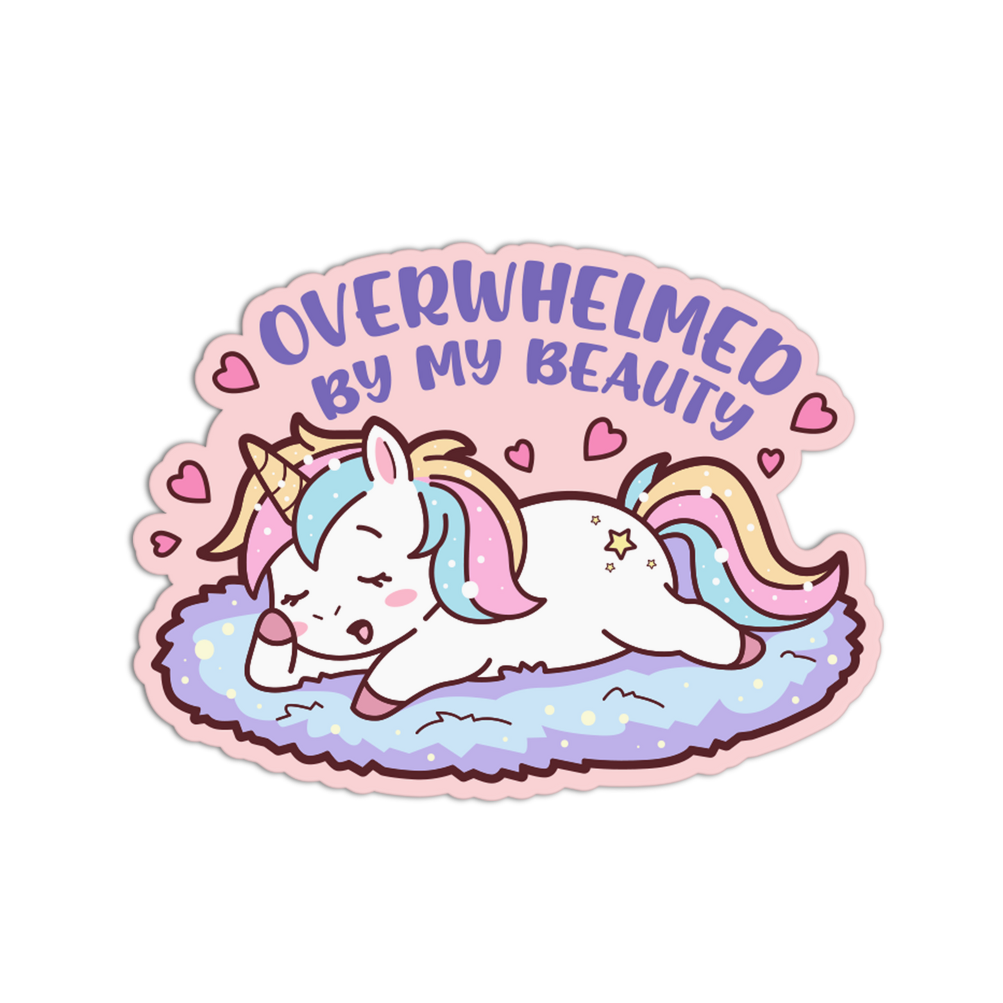 Sticker with a unicorn and text 'Overwhelmed by my beauty' on a white background