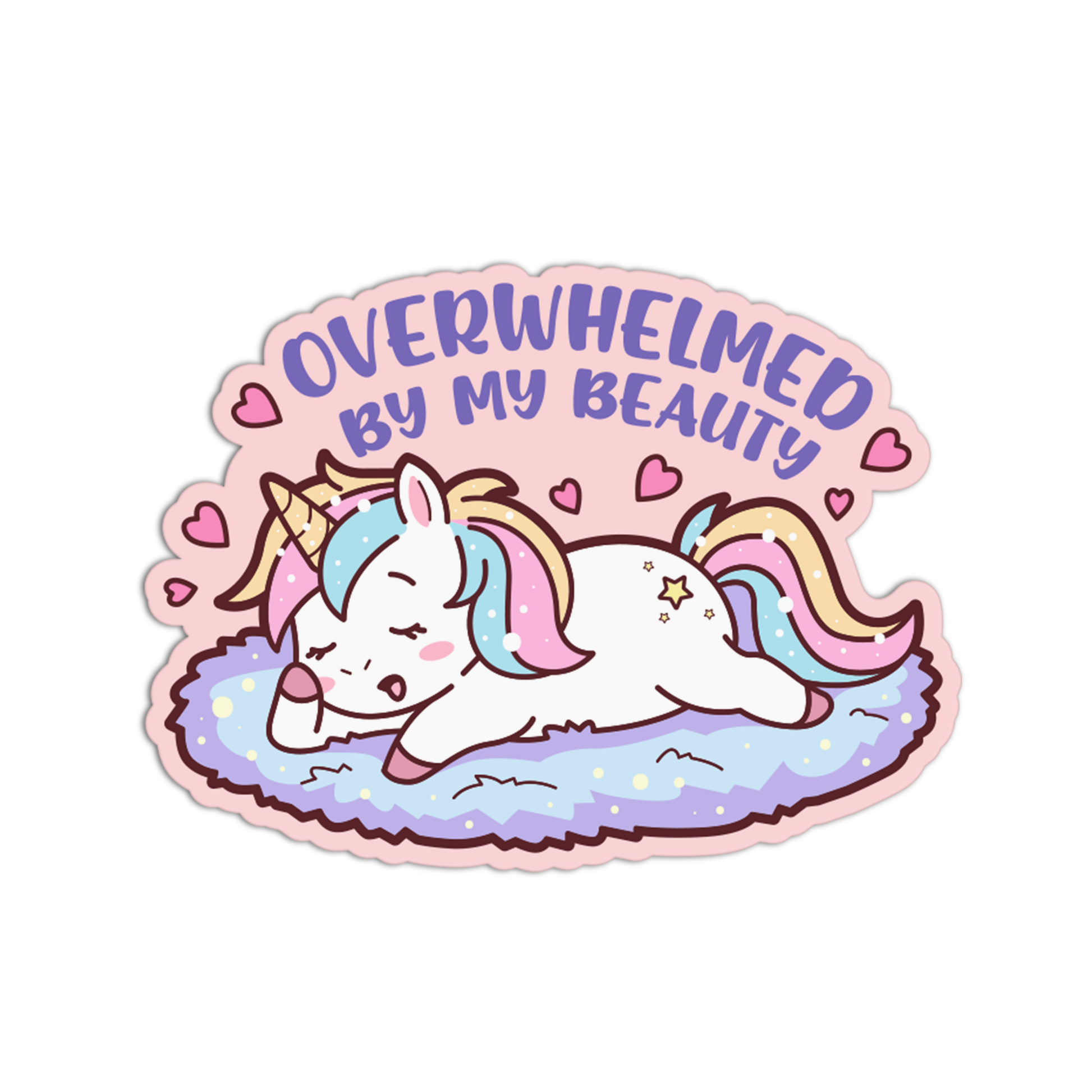 Sticker with a unicorn and text 'Overwhelmed by my beauty' on a white background