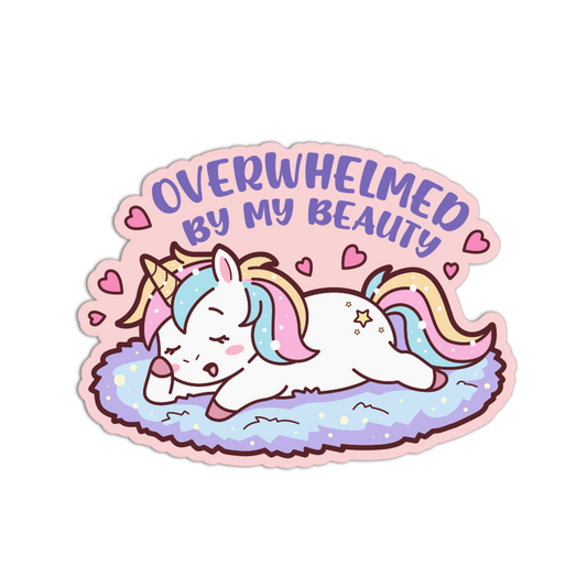 Sticker with a unicorn and text 'Overwhelmed by my beauty' on a white background