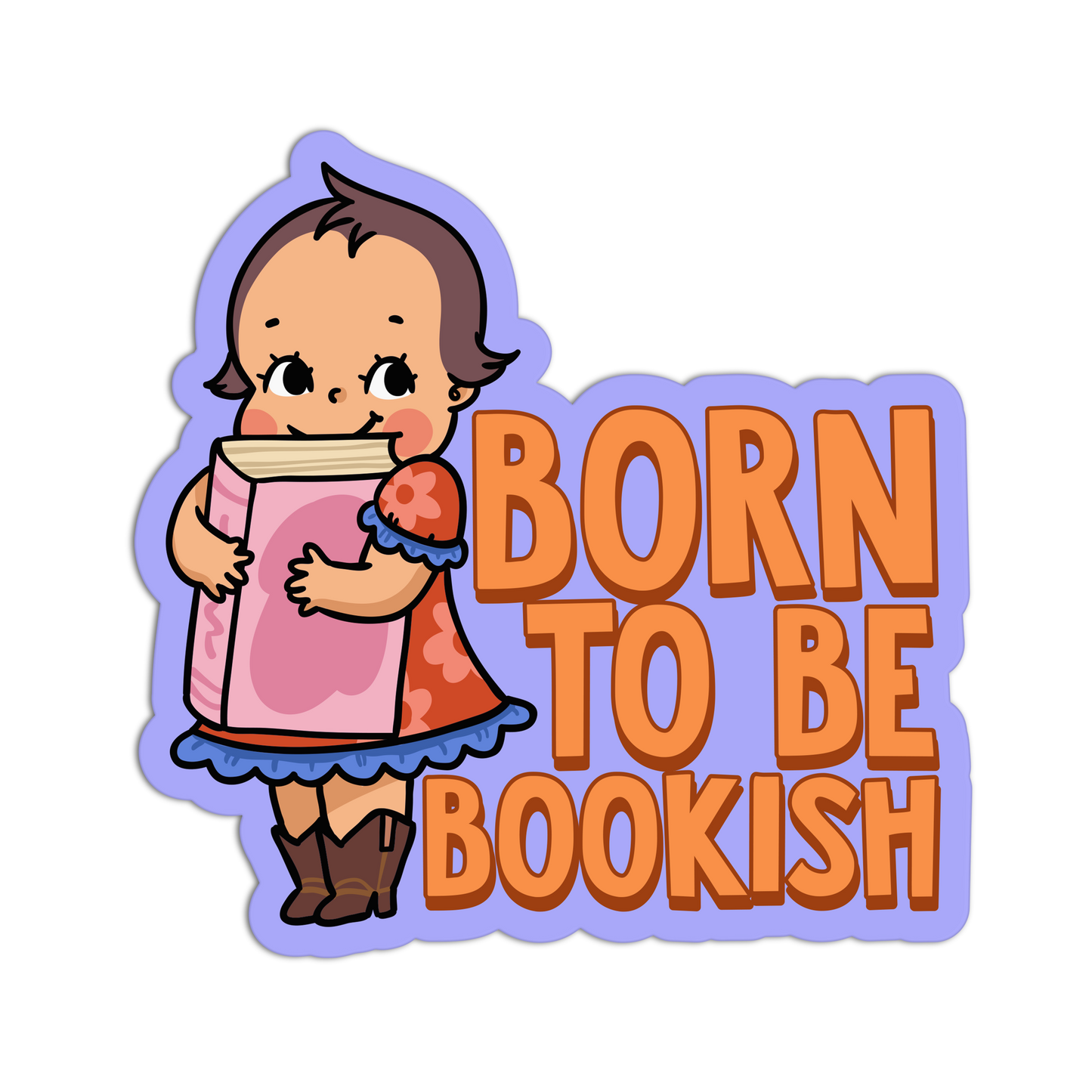 Illustration of a child holding a book with 'Born to be Bookish' text on a white background