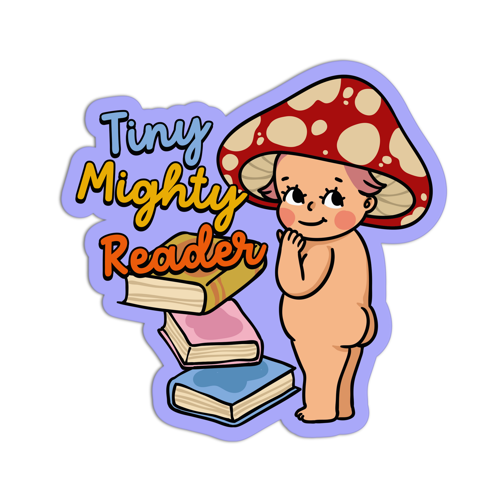 Illustration of a child with a mushroom hat and books, with 'Tiny Mighty Reader' text.