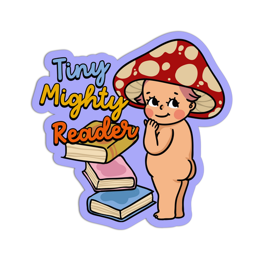 Illustration of a child with a mushroom hat and books, with 'Tiny Mighty Reader' text.