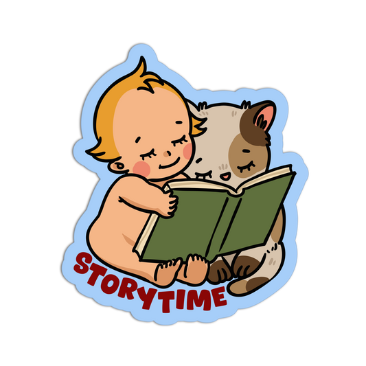 Illustration of a child reading to a cat with 'Storytime' text on a white background