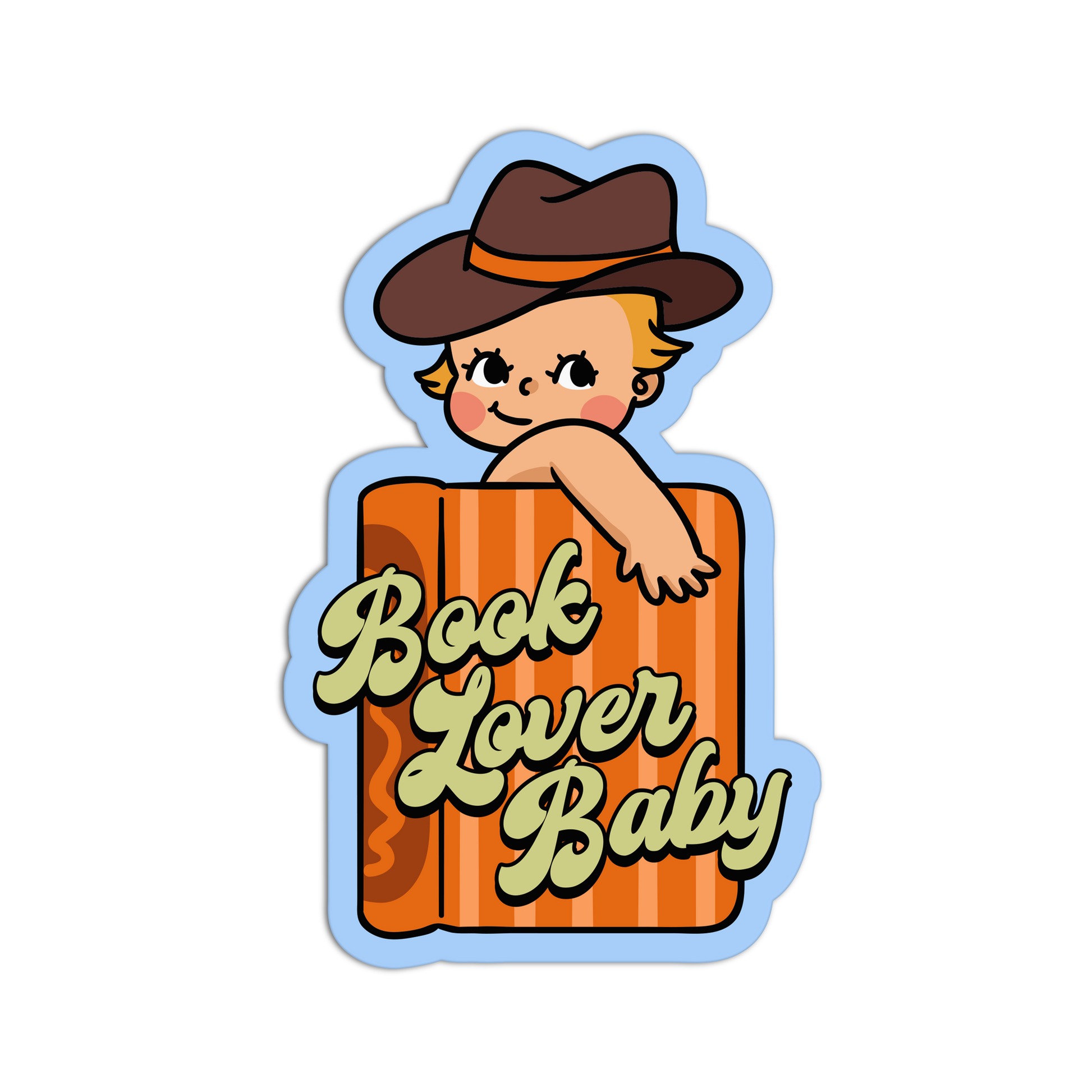 Illustration of a baby in a book with 'Book Lover Baby' text on a white background