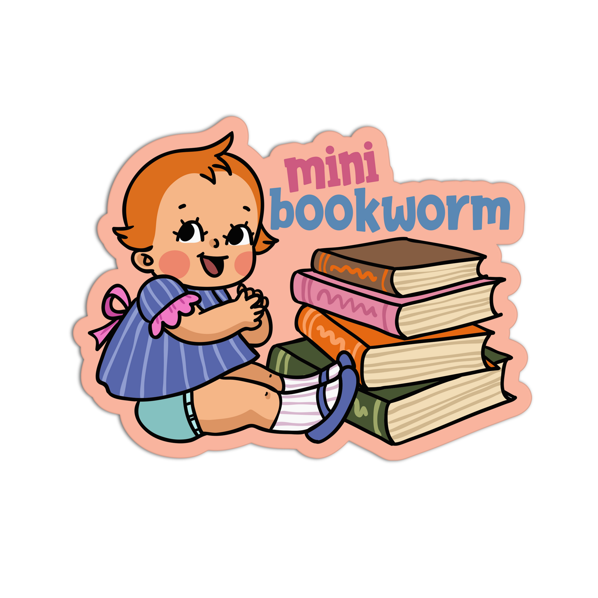 Illustration of a baby with books and 'mini bookworm' text on a white background